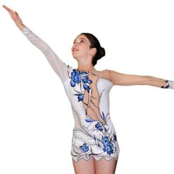 Rhythmic Gymnastics Leotard - White with Blue Flowers - FlamingoSportswear|FlamingoSportswear - Rhythmic Gymnastics Leotard - White with Blue Flowers